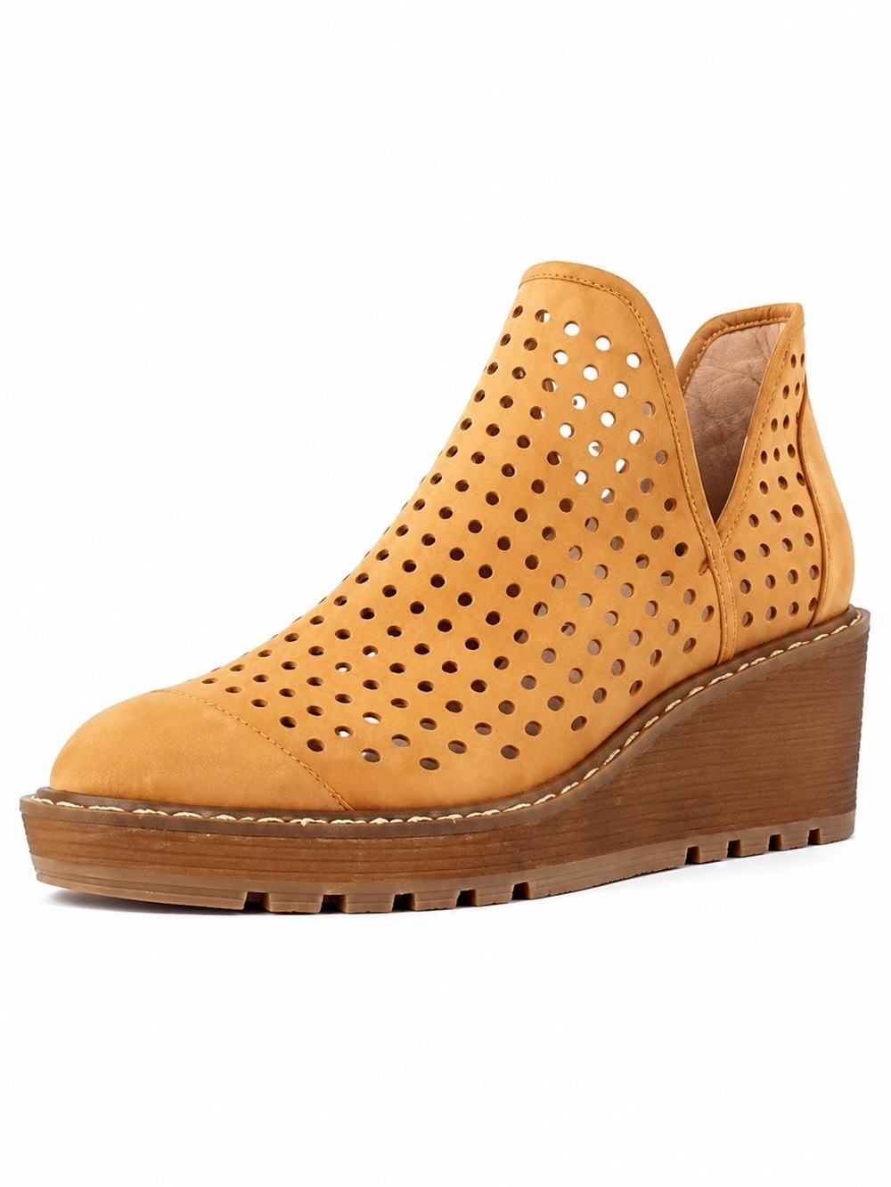 NIB Cecelia New York Georgie Perforated Wedge Leather Booties in Mustard, Size 9